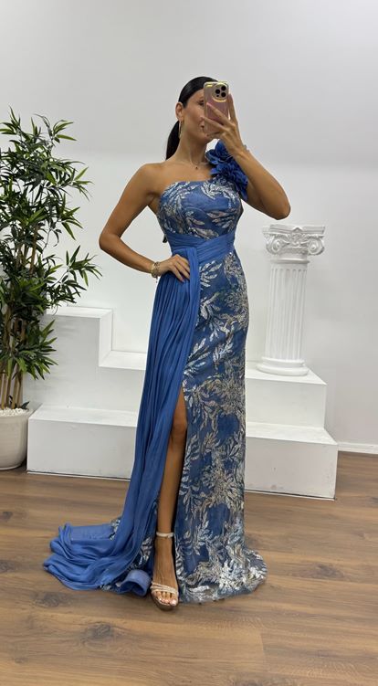 Abito da sera monospalla indaco con fantasia