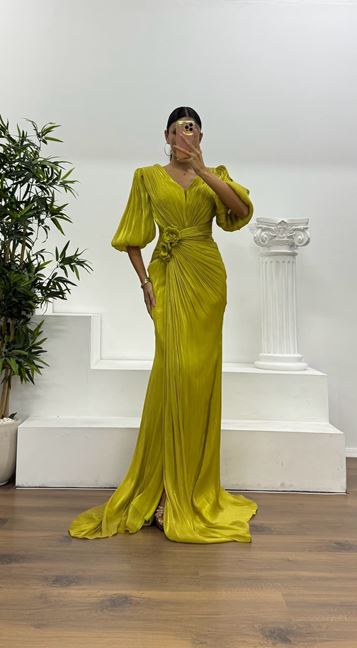 Robe de soirée vert pomme à manches ballon