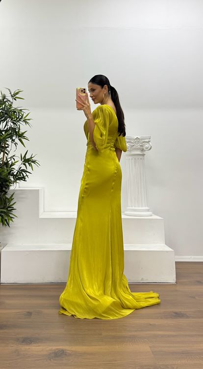 Elma Yeşili Balon Kol Abiye Elbise