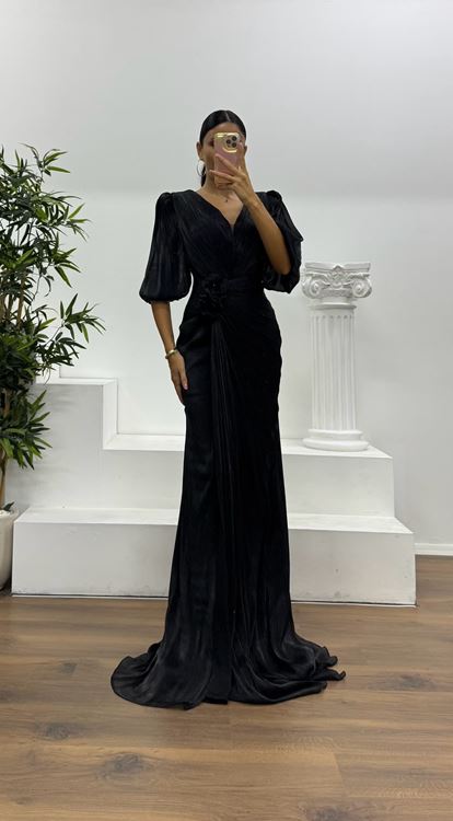Black Balloon Sleeve Evening Dress
