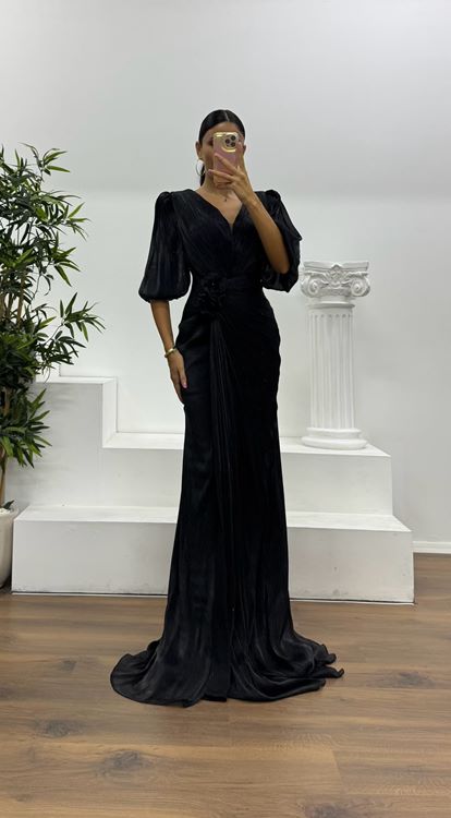 Black Balloon Sleeve Evening Dress