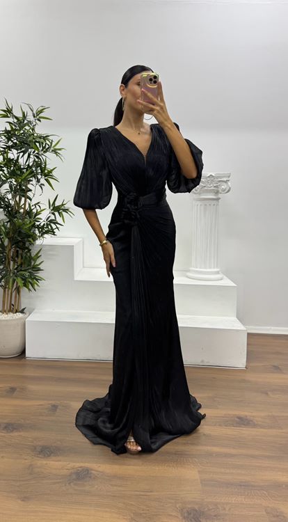 Black Balloon Sleeve Evening Dress