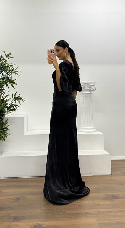 Black Balloon Sleeve Evening Dress