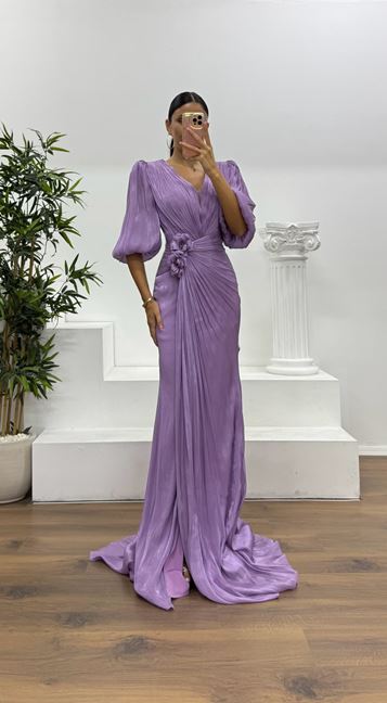 Lilac Balloon Sleeve Evening Dress