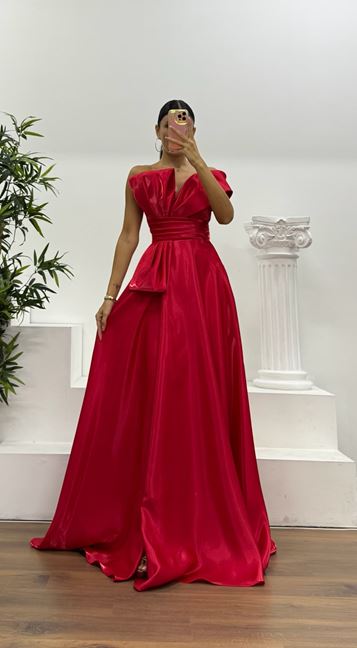 Red One-Shoulder Puffy Evening Dress