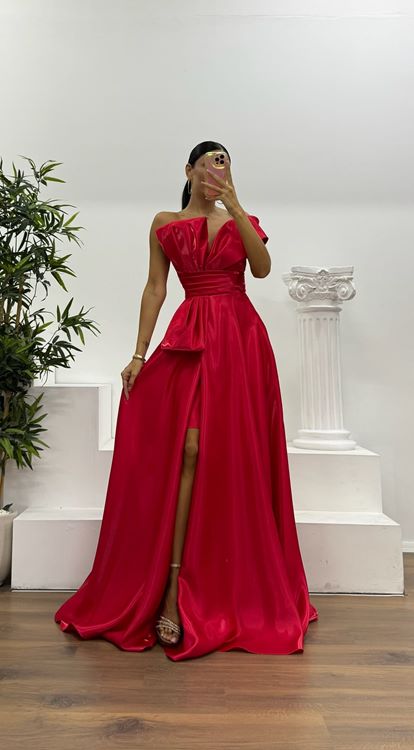 Kırmızı Tek Omuz Kabarık Abiye Elbise