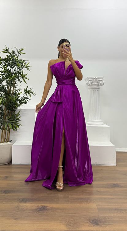 Fuchsia One-Shoulder Puffy Evening Dress