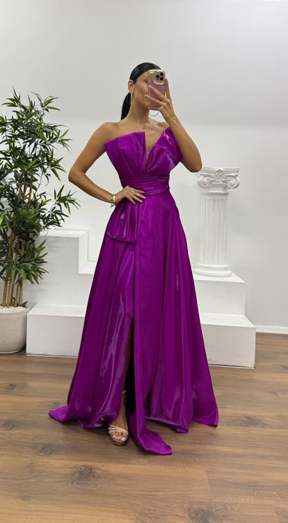 Fuchsia One-Shoulder Puffy Evening Dress