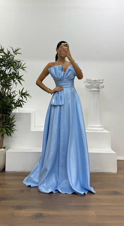 Bebe Mavi Tek Omuz Kabarık Abiye Elbise