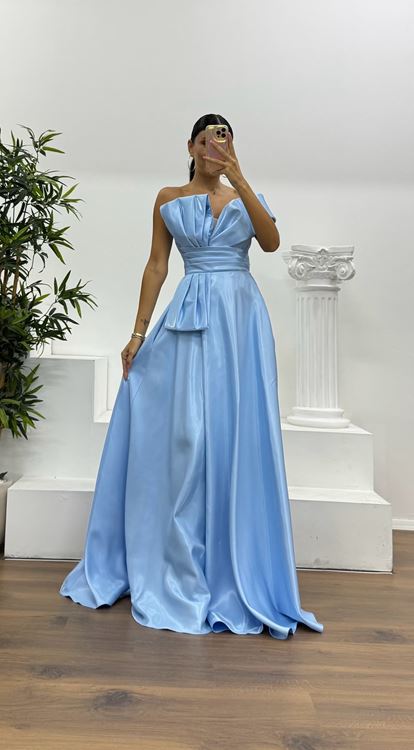 Bebe Mavi Tek Omuz Kabarık Abiye Elbise