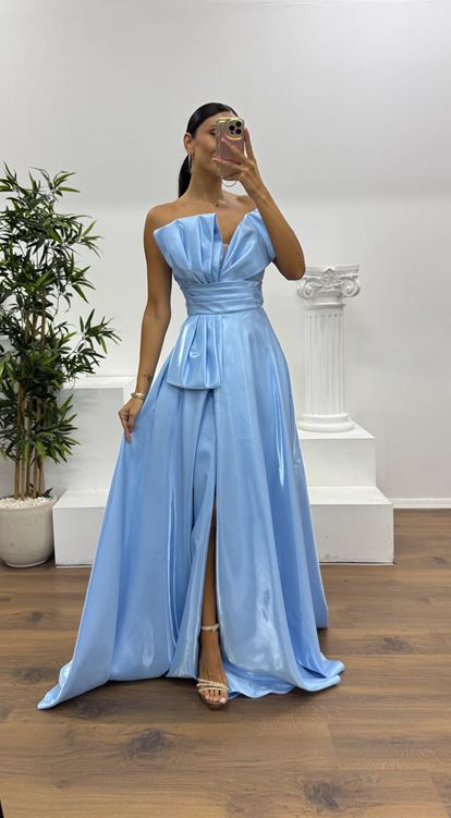 Bebe Mavi Tek Omuz Kabarık Abiye Elbise