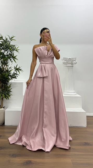 Powder Pink One Shoulder Puffy Evening Dress