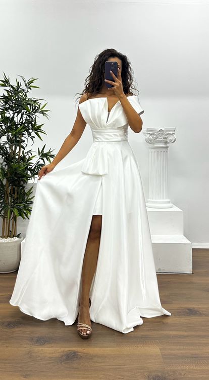 Beyaz Tek Omuz Kabarık Abiye Elbise