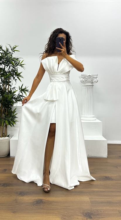 Beyaz Tek Omuz Kabarık Abiye Elbise