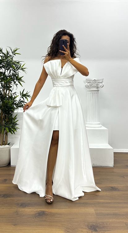 Beyaz Tek Omuz Kabarık Abiye Elbise