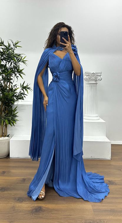 İndigo Çiçek Detay Şifon Abiye Elbise