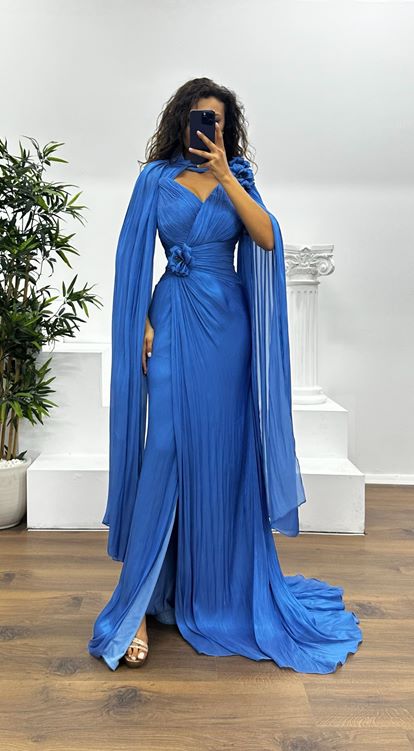 İndigo Çiçek Detay Şifon Abiye Elbise