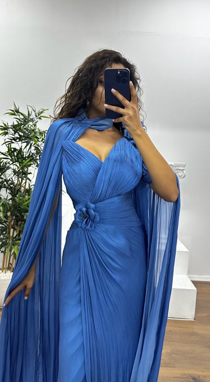 İndigo Çiçek Detay Şifon Abiye Elbise