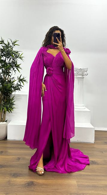 Fuchsia Flower Detail Chiffon Evening Dress