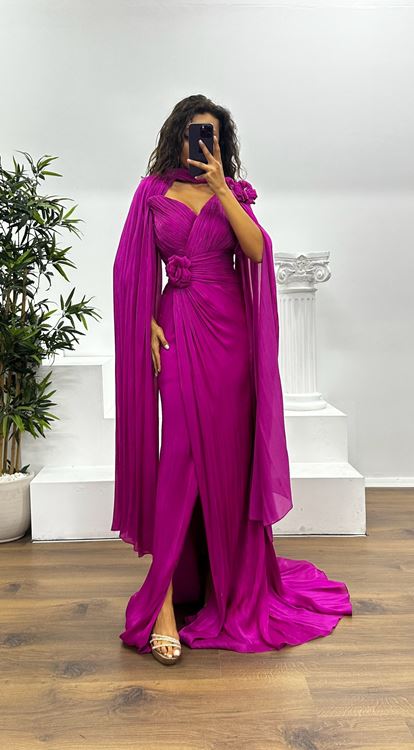 Fuşya Çiçek Detay Şifon Abiye Elbise