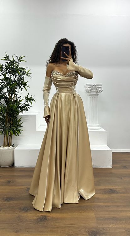 Gold Strapless Chest Stone Detail Evening Dress