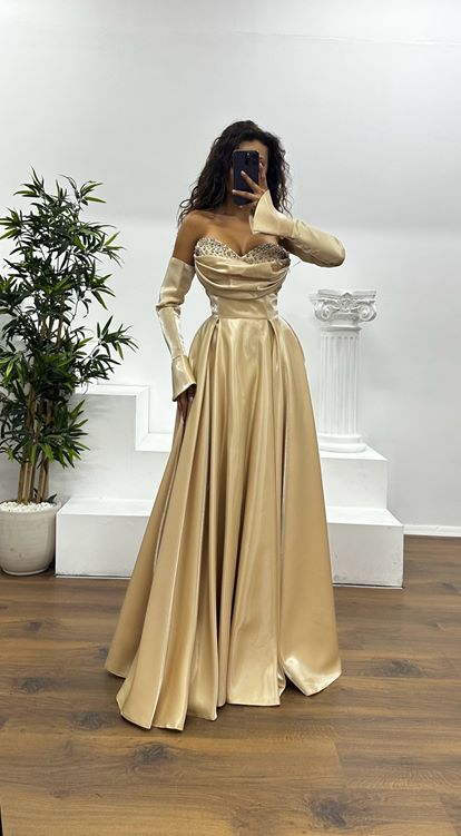 Gold Strapless Chest Stone Detail Evening Dress
