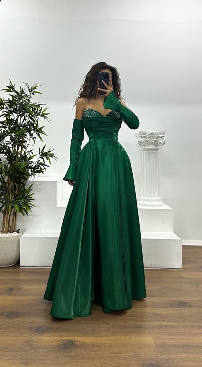 Emerald Strapless Chest Stone Detail Evening Dress