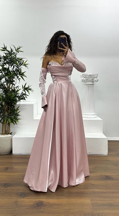 Powder Strapless Chest Stone Detail Evening Dress