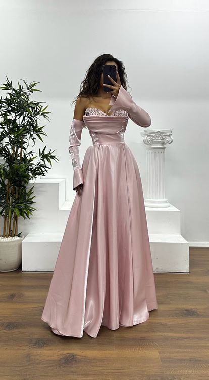 Powder Strapless Chest Stone Detail Evening Dress