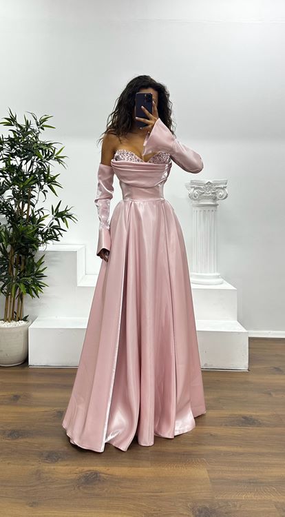 Powder Strapless Chest Stone Detail Evening Dress