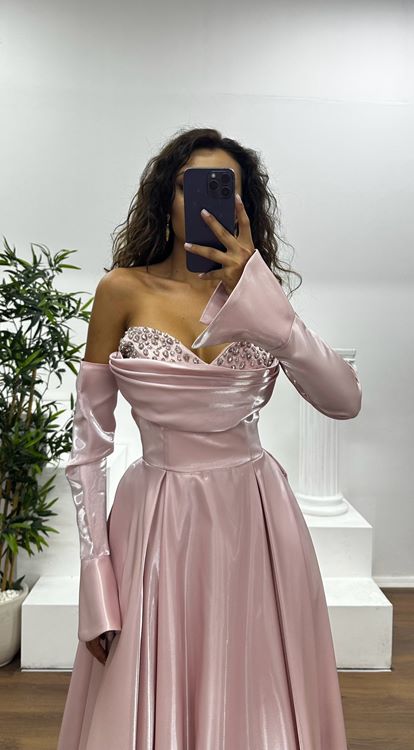 Powder Strapless Chest Stone Detail Evening Dress