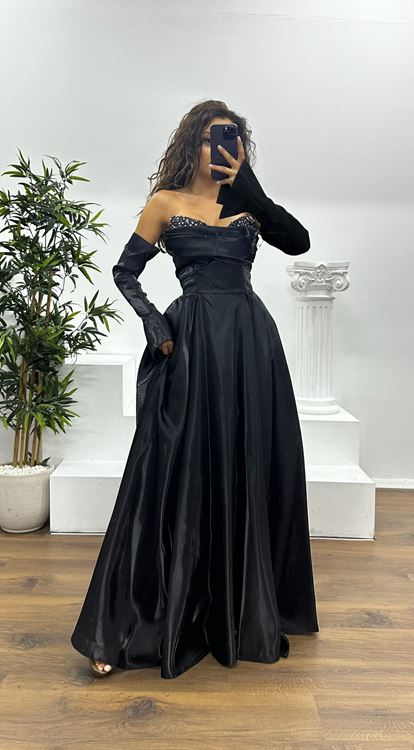 Black Strapless Chest Stone Detail Evening Dress