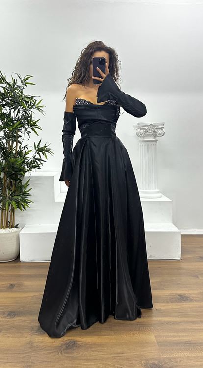 Black Strapless Chest Stone Detail Evening Dress