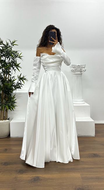 White Strapless Chest Stone Detail Evening Dress