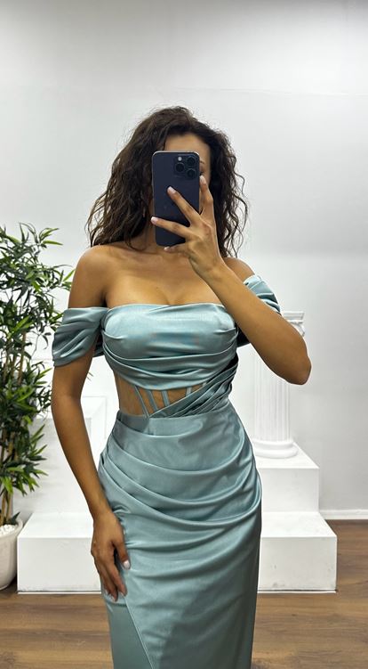 Çağla Bel Transparan Saten Abiye Elbise