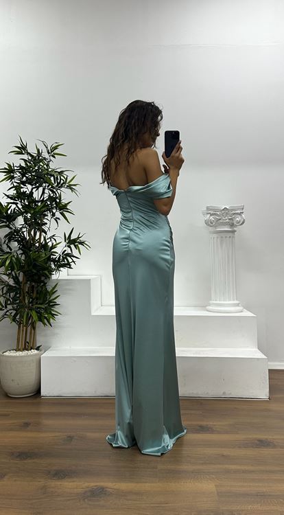 Çağla Bel Transparan Saten Abiye Elbise