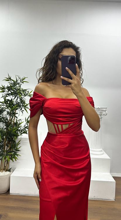 Kırmızı Bel Transparan Saten Abiye Elbise