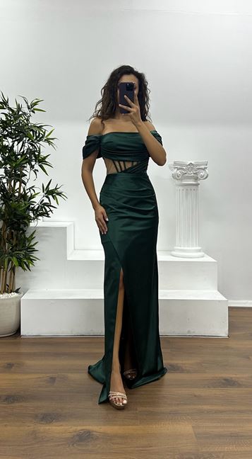 Zümrüt Bel Transparan Saten Abiye Elbise