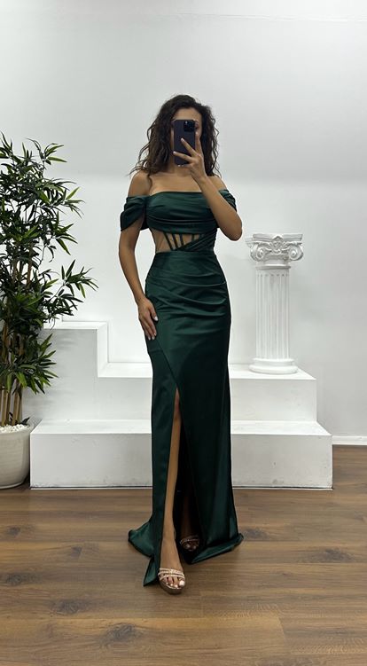 Zümrüt Bel Transparan Saten Abiye Elbise