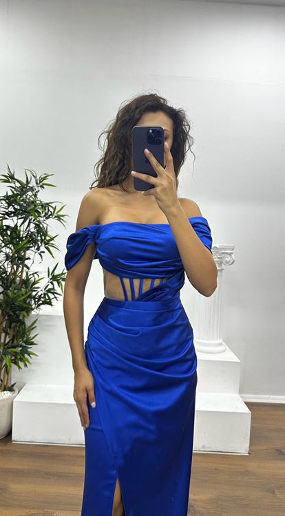 Saks Bel Transparan Saten Abiye Elbise