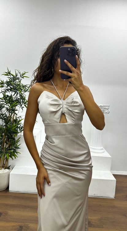 Açık Pudra Taş Detay Saten Abiye Elbise