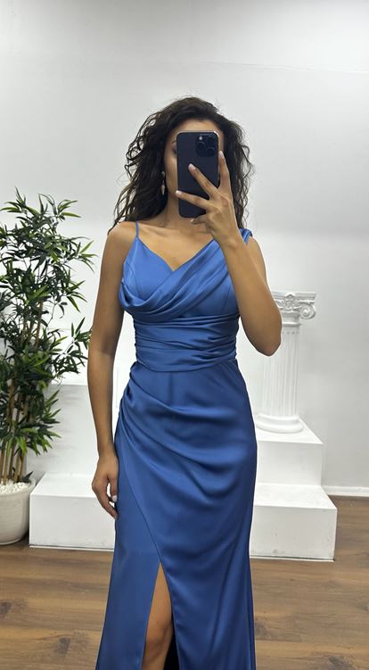 İndigo Drapeli Saten Abiye Elbise
