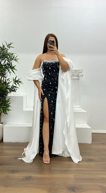 White Balloon Sleeve Pearl Detail Plus Size Evening Dress