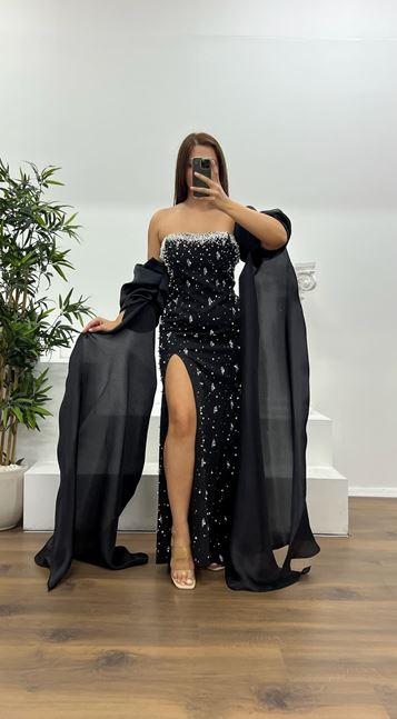 Vestido de noche negro con mangas globo y detalle de perlas, talla grande