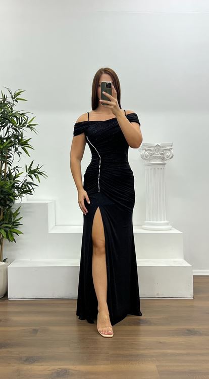 Schwarzes  glitzerndes Abendkleid in Übergröße mit U Boot Ausschnitt