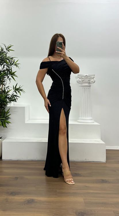 Schwarzes  glitzerndes Abendkleid in Übergröße mit U Boot Ausschnitt