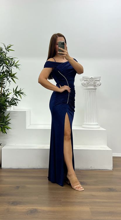 Abito da sera blu navy con scollo a barca e dettagli glitterati  taglie forti 