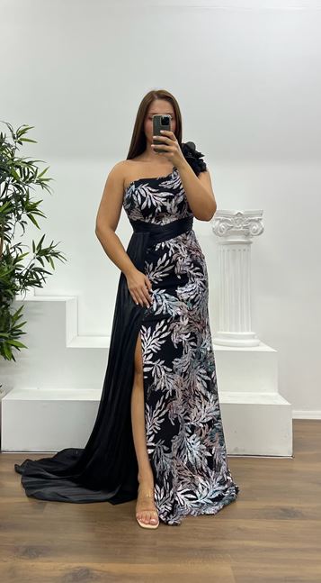 Black One-Shoulder Patterned Plus Size Evening Dress