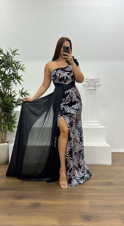 Abito da sera nero monospalla a fantasia  taglie forti 