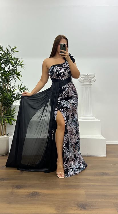 Abito da sera nero monospalla a fantasia  taglie forti 